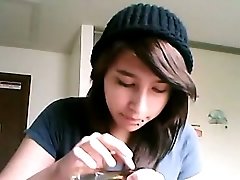 That hippie brunette teen babe on webcam enjoys a portion of bong