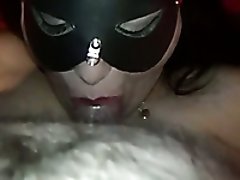 Chubby brunette babe in the mask is ready to eat cum on cam