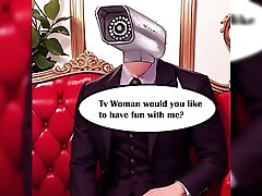 cartoon: woman with a tv set instead of her head suck camera-headed man's dick