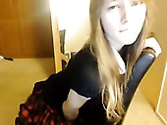 Long haired amateur teen in short skirt polishes her fresh pussy with toy