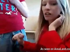 Amateur blonde GF in red coat sucking dick deepthroat
