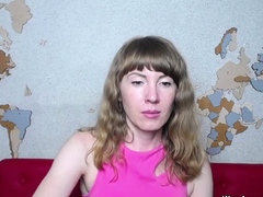 Euro brunette MILF caresses bald pussy on webcam show