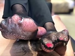 'Footjob with red nail polish cum on black fishnet stockings(front cam)'