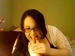 My weird chubby brunette GF sucks her own soles on webcam