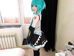 'Cutie Vocaloid Hatsune Miku came to visit a fan after the concert, sucked his cock and fucked him'