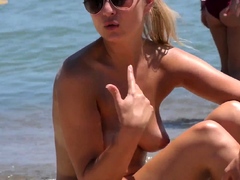 Gorgeous blonde Topless Beach Voyeur Public Nude boobs