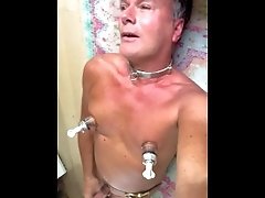 Public BDSM Slave Christopheporn nipple pumps extasy