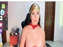 dressed in my wonder woman cosplay costume and showing tits