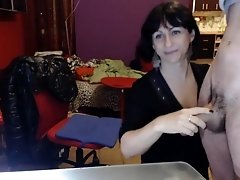 Short haired happy brunette bitch sucks her man's dick on webcam