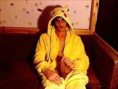 Boy in pikachu onesie masturbates in front of webcam