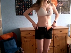 Beautiful brunette teen with big boobs strips on webcam