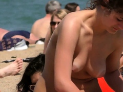 Nice brunette woman Topless Beach Voyeur Public Nude nice bo