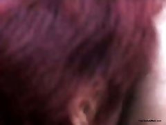 Dirty mature redhead lady giving blowjob outdoors on cam