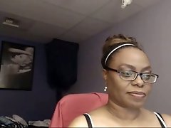 Nerdy cam black woman sucked her own saggy huge boobies