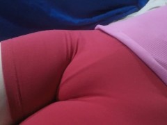 'My red shorts hiding my tight pussy mound.'